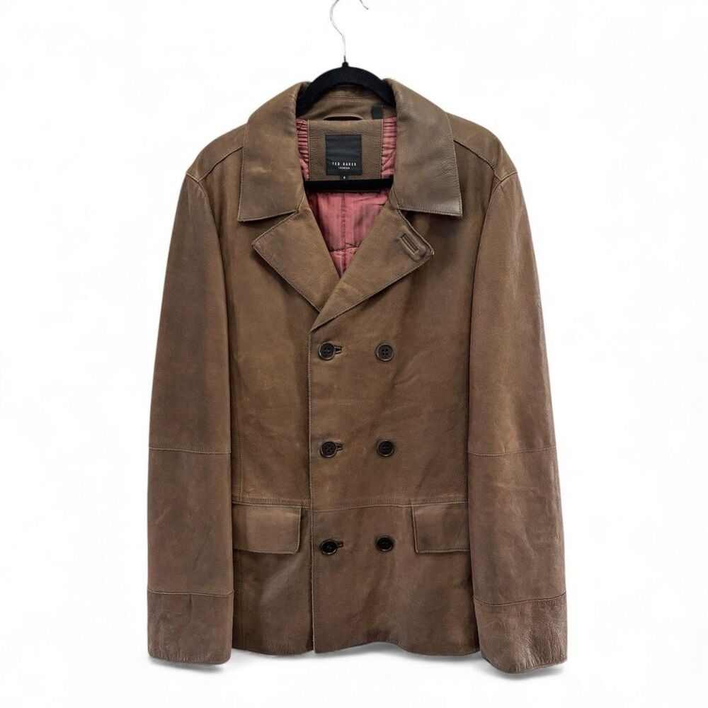 Ted Baker London Men’s Brown‎ Distressed Leather Jacket Double Breasted Size 4